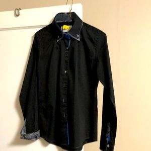 Horse show shirt by Kathy’s Tails. Black with paisley cuffs. Size Large